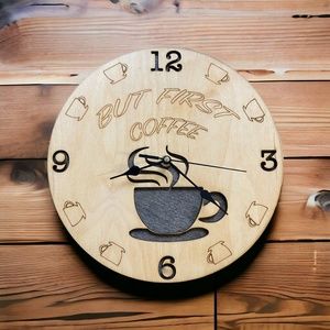 Coffee Clock 11 inch Laser Cut Analog Wood Timepiece Unique Wall Decor for Coffe